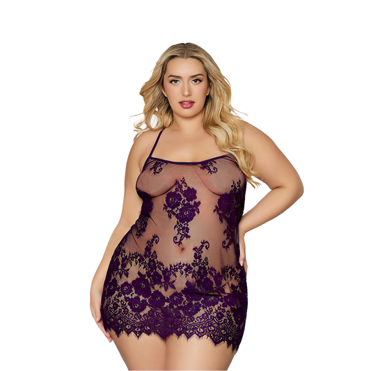 Floral Lace & Mesh Chemise - Purple