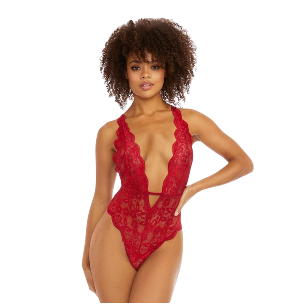 Sheer Lace Scalloped Teddy - Deep Red V-Neck Scalloped Teddy