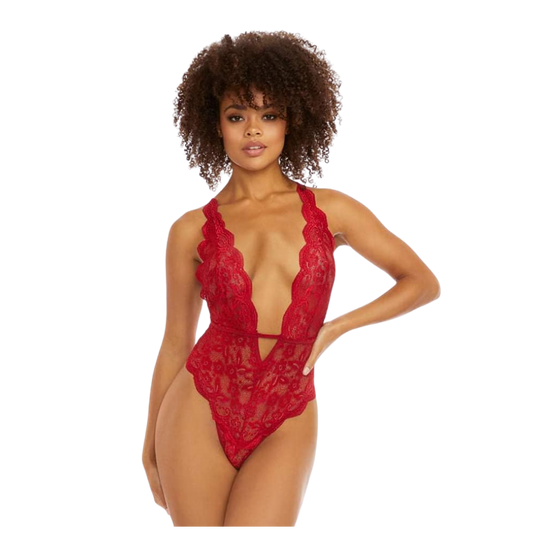 Sheer Lace Scalloped Teddy - Deep Red V-Neck Scalloped Teddy