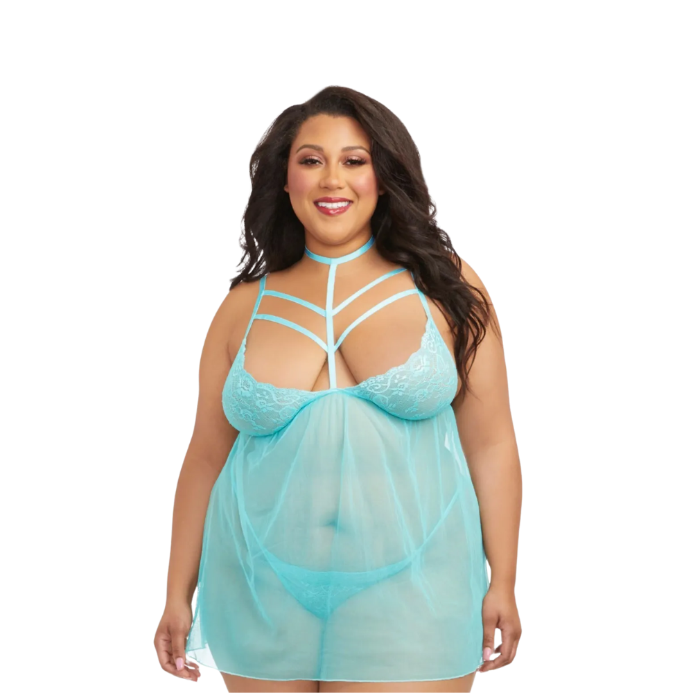 Venetian Lace Strappy Babydoll w/ G-String - Blue