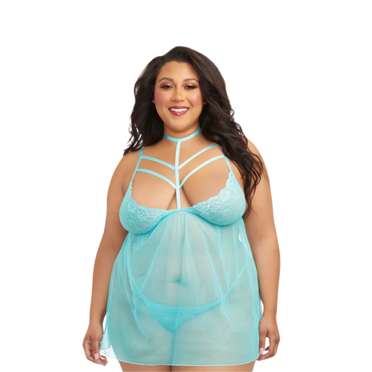 Venetian Lace Strappy Babydoll w/ G-String - Blue